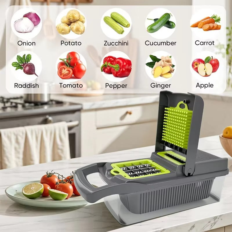 16-in-1 Vegetable Chopper & Slicer – Multi-Function Kitchen Cutter with Storage Box | Onion, Potato, Salad Cutter