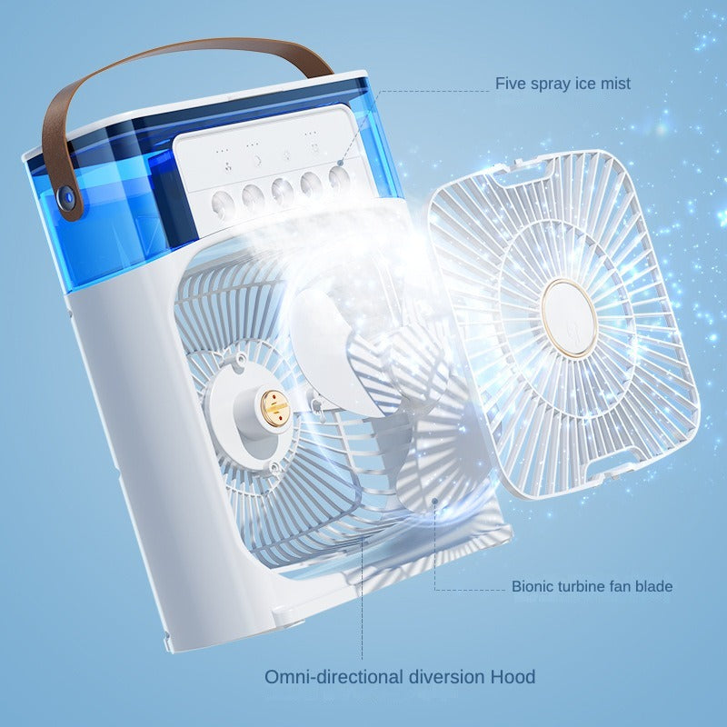 Portable Mini Air Cooler Fan With Water Spray & LED Light – 3 Speed USB Cooling Fan